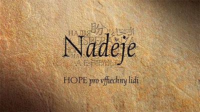 Text "Nadeje HOPE pro všechny lidi" on a textured brown background.