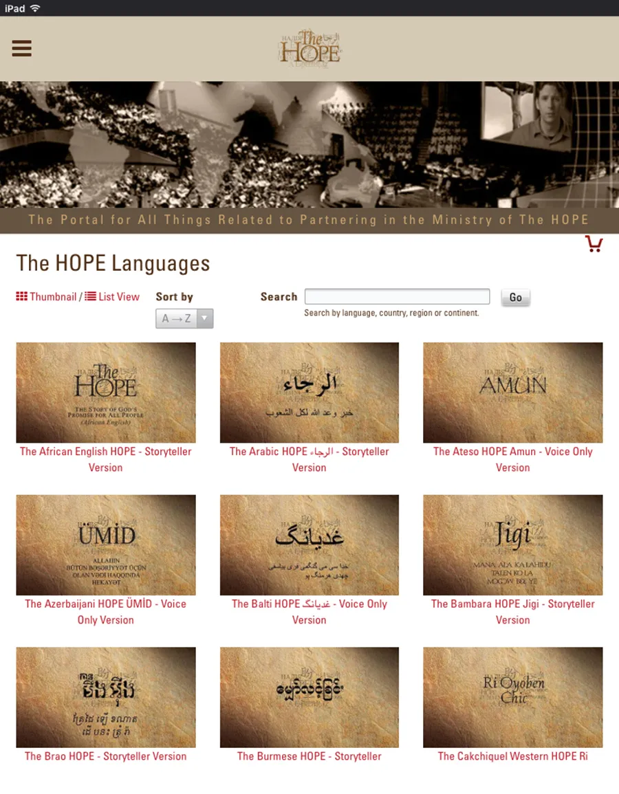 Webpage listing "The HOPE" video translations in multiple languages with search and filter options.